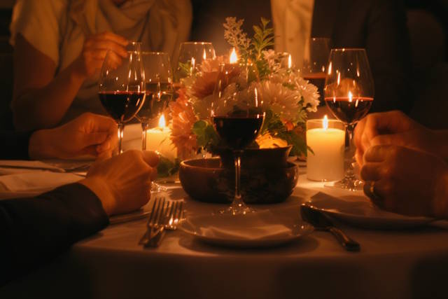 רהיטי שולחן עם אורות נרות.